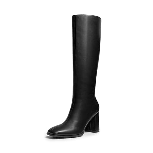 DREAM PAIRS Knee High Boots for Women Square Toe Gogo Chunky Heel with Side Zip,Size 6.5,Black-Pu,SDKB2407W