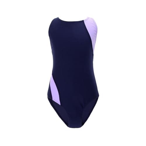 GLIGLITTR Girls' Athletic One Piece Swimsuit Kids Black Swimwear for Swim Team Practice Competition Beach Sport Bathing Suit(N-Navy Blue+Purple,9-10Y)