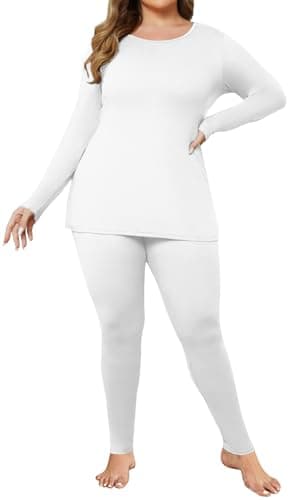 Ekouaer Women Plus Size Thermal Underwear Set SoftLong Johns Sets Light Fleece Lined Base Layer Top & Bottom Pajama Set White 16W