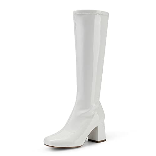 DREAM PAIRS Women's Gogo Boots Square Toe Chunky Wide Calf Knee High Boots,Size 5.5,White/Patent/Pu,SDKB2231W