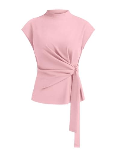 Zelroxa Womens Work Tops Cap Sleeve Mock Neck Wrap Tie Front Blouses Pink