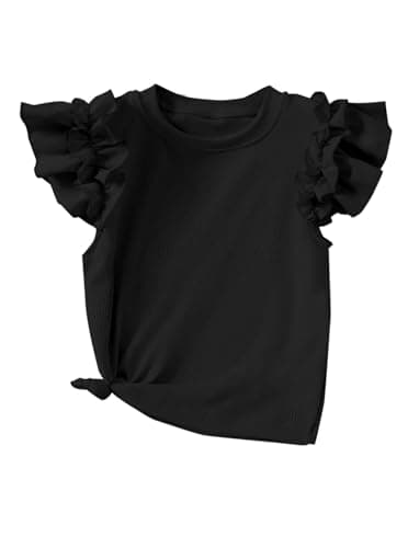 Ecolala Girls' Ruffle Sleeve Shirts Ribbed Knit Cute Tops Crew Neck Summer T Shirts Black 7-8Y