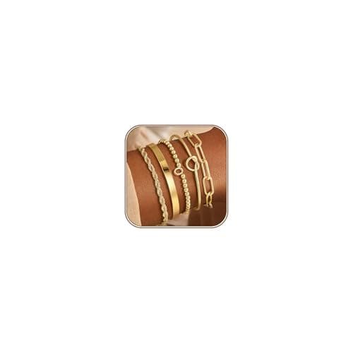 Turandoss 5PCS Initial O Gold Plated Bracelets for Women Dainty 14K Gold Plated Beaded Bracelet Chunky Bracelet Personalized Jewelry Gifts for Women