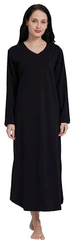 HiddenValor Womens Long Sleeve Nightgown Long Sleepshirts V Neck Sleep Dress With Pockets-Black-X-Large