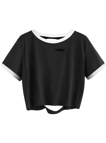 Avanova Raglan Shirt Women Ripped Short Sleeve Crop Tops Distressed Cropped T Shirts Summer Casual Tee Black Small