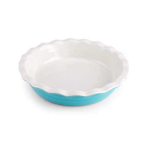 Farberware Bakers Advantage 10 Inch Pie Dish, Stoneware Pie Pan with Scalloped Edge, Two-Tone Teal and Ivory Ceramic Pie Plate for Baking Quiche, Casseroles, and Deep Dish Pies