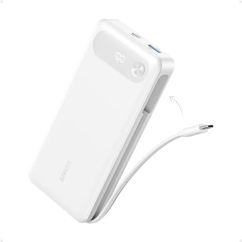 Anker Power Bank, 20,000mAh Travel Essential Portable Charger with Built-in USB-C Cable, 3-Port 87W Max Fast Charging Battery Pack, for MacBook, iPhone 16/15 Series, Samsung, Switch, and More