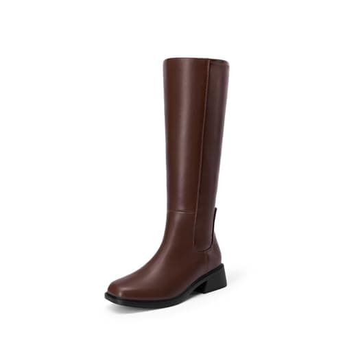 DREAM PAIRS Women's Knee High Boots Square Toe Low Block Heel Casual Comfort Riding Long Boots with Side Zipper,Size 6,Brown,DWUMKB2530