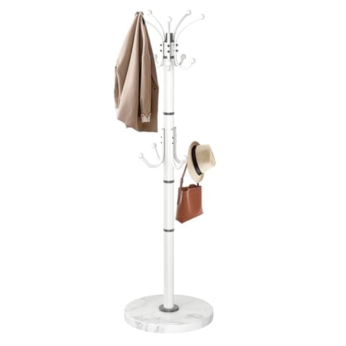 ZIECUKU Metal Coat Rack with Natural Marble Base,360°Rotary Coat Rack Stand with 14 Hooks,Modern Freestanging Coat Racks,White Coat Jacket Hanger Clothes Tree Stand for Entryway,Corner