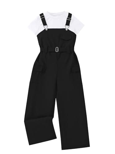 Ecolala Girls 2 Piece Cargo Overalls Set, Short Sleeve T-Shirt, Wide Leg Jumpsuit with Pockets Black 7-8Y