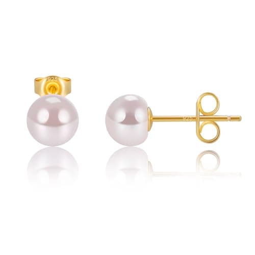 EAMTI Pearl Earrings for Women Trendy 18K Gold Plated Sterling Silver Freshwater Cultured Pink-Purple Pearl Stud Earrings Hypoallergenic 6.5MM