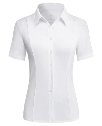 Gleeivy White Button Down Shirt Women Stretch Short Sleeve Dress Shirts Collared Wrinkle Free Business Top Work Blouse White M