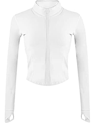 Yeokou Womens Active Zip Up Running Workout Cropped Bbl Athletic Jacket with Thumb Holes(White-XL)