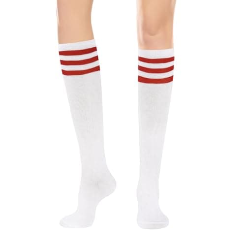 YOYOU Knee High Socks for Women - Red and White Striped Soccer Golf Socks Women Tube Sock Long Sock for Sports and Outdoors