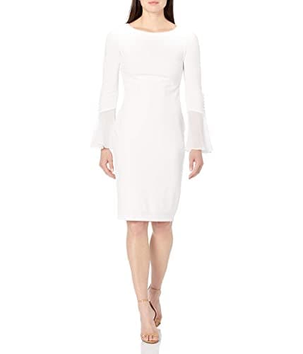 Calvin Klein Women's Solid Sheath with Chiffon Bell Sleeves Dress Cream 3 4