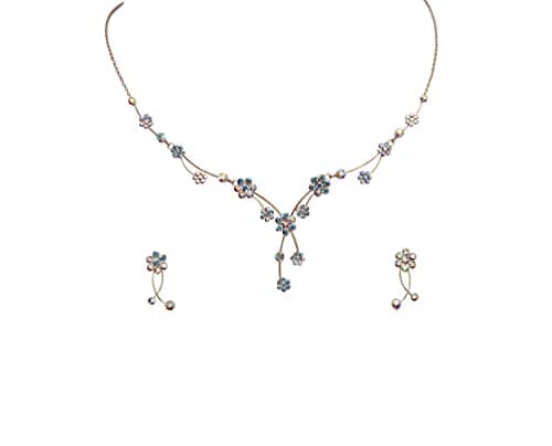 Faship Gorgeous AB Rhinestone Crystal Floral Necklace Earrings Set - AB/Rose Gold Plated
