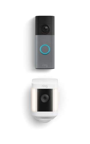 Ring Battery Doorbell (newest model), Speckled Gray with Ring Spotlight Cam Plus, Battery, White