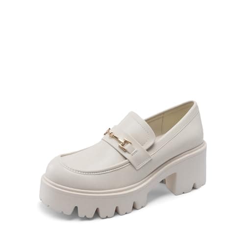 DREAM PAIRS Women Loafers Platform Chunky Heel Slip On Lug Sole Casual Dressy Office Business Shoes,Size 6.5,White,DWUMLS2534