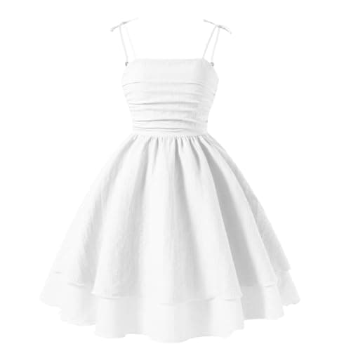 Ohrwurm Girl's Spaghetti Strap Ruched Cami Dress Floral Print Ruffle Flared Mini Dresses Tie Shoulder Smocked Flowy Sundress White 8-9Y