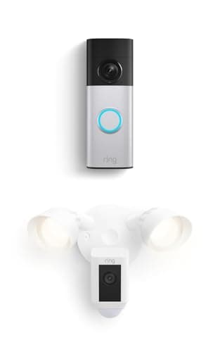 Ring Battery Doorbell Plus (newest model), Nickel Silver with Floodlight Cam Wired Plus, White