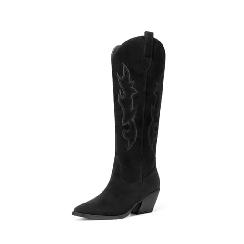 DREAM PAIRS Cowgirl Boots Women Knee High Cowboy Boots Pointed Toe Chunky Block Heel Suede Tall Western Boots with Embroidered,Size 7.5,Black,SDKB26001W