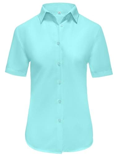 Ruisin Blue Green Button up Shirt Women Summer Short Sleeve Turndown Collar Regular fit Uniform Formal Tops Work wear Blouse Light Blue Green Size S