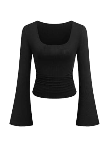 PRETTYGARDEN Women's Long Bell Sleeve Shirts Fall Ribbed Y2K Going Out Tops