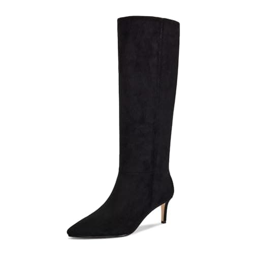 wetkiss Suede Black Knee High Boots for Women - Pointed Toe Kitten Heel & Crocodile, Side Full Zipper for Easy Wear, All-Day Comfort Black Boots for Work, Party and Daily Chic Style