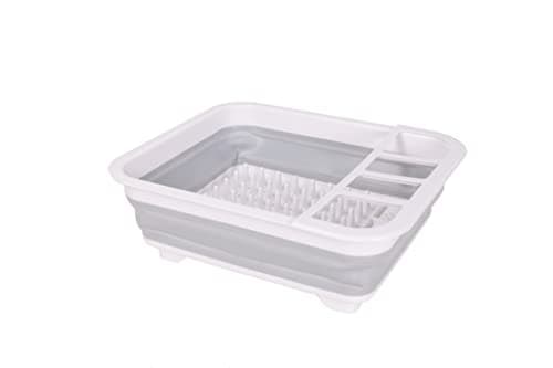 J&V TEXTILES Collapsible Dish Drying Rack - Popup for Easy Storage, Drain Water Directly into The Sink, Room for Eight Large Plates, Sectional Cutlery and Utensil Compartment, Compact (Gray)