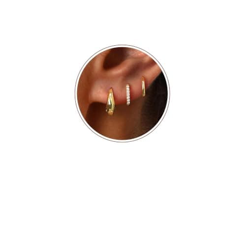 Poxtex Small 14K Gold Plated Huggie Hoop Earrings Set for Women, Hypoallergenic Trendy Hoops Stacks for Multiple Piercings, Dainty Cute Mini Lightweight Cartilage Helix Jewelry Gift Sensitive Ears