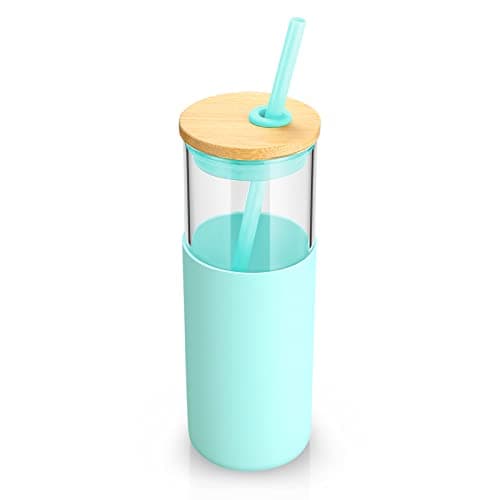 Tronco 24 oz Glass Tumbler with Straw and Lid - Glass Cup with Lid and Straw, Smoothie Cup, Iced Coffee Cup - Bamboo Lid and Protective Silicone Sleeve - BPA-Free