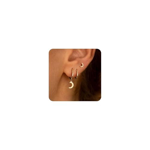 VRIUA Gold Stacks Earrings - 14K Gold Plated Dainty Moon Earring Sets Huggie Hoop Earrings for Women Trendy Jewelry