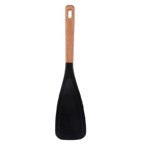Cooking Spoon Silicone Spatula Spoon with Wooden Handle, Heat Resistant Rubber Serving Spatula Spoons for Mixing, Scooping and Scraping Durable Utensils for Non-Stick Cookware, Black