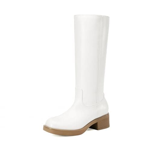 DREAM PAIRS Womens Knee High Boots Square Toe Platform Chunky Block Heel Banana Campus Boots for Women Comfortable Low Heel Side Zipper Womens Riding Tall Boots,Size 6,White,DWUMKB2539