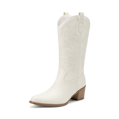 DREAM PAIRS Cowboy Boots for Women Cowgirl Western Boots Fashion Embroidery Stitched Chunky Heel Mid Calf Boots,Size 6.5,All White,DWUMMB2504