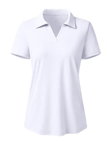 3rd hill Women's Polo Shirts Short Sleeve UPF 50+ Sun Protection V Neck Golf Tennis Collared Work Tops Dry Fit White M