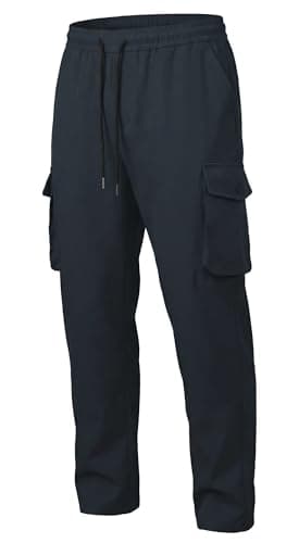 DISLANBO Men's Lightweight Cargo Pants Elastic Drawstring Casual Relaxed Fit Tapered Pants Multi Pockets Navy L