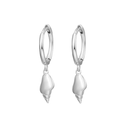 Dainty Conch Shell Dangle Hoop Earrings for Women, Small Huggie Hoops with Drop Charm, Hypoallergenic Summer Beach Jewelry for Her, Silver
