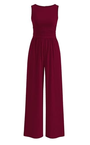 PRETTYGARDEN One Piece Jumpsuits for Women Dressy Casual Sleeveless Crewneck Wide Leg Rompers Jumpers 2026 Vacation Summer Outfits(Wine, S)