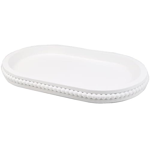 Hrastany White Oval Wood Coffee Table Serving Tray with Beads for Ottoman