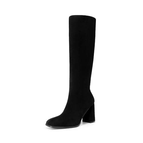 DREAM PAIRS Knee High Boots for Women Square Toe Gogo Chunky Heel Tall Boot Fashion Side Zipper Long Boot,Size 6.5,All Black,SDKB2407W