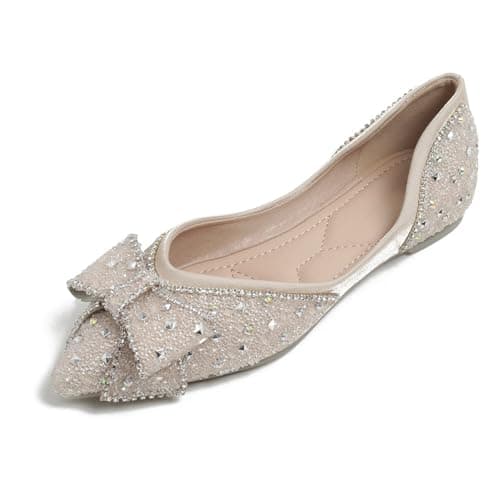 QXCGDYXT Flats for Women Rhinestone Sequins Dress Shoes Fashion Bow Sparkly Wedding Shoes Comfort Slip On Pointed Toe Ballet Flat Shoe Apricot Size - 11