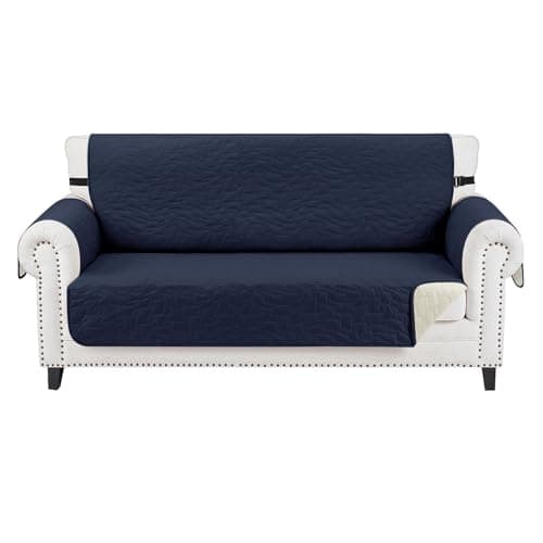 CUCRAF Non Slip Quilted Sofa Cover, Water Resistant Slipcover Furniture Protector for 2 Cushion Sofa Pet Friendly, Washable Couch Cover with Adjustable Elastic Straps (Medium-XL Loveseat, Navy Blue)