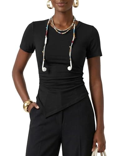 ZESICA Cute Going Out Tops for Women 2026 Asymmetrical Summer Casual Short Sleeve Ruched Shirts Black L