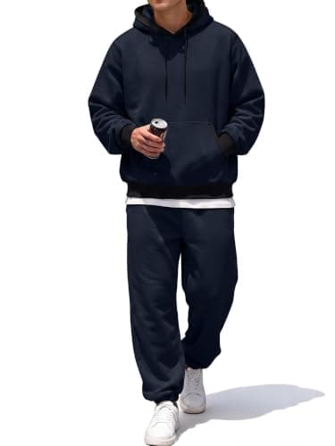 JMIERR Men's Cotton Two Piece Outfits Hoodie Sweatshirt Set, Navy Blue, 2XL