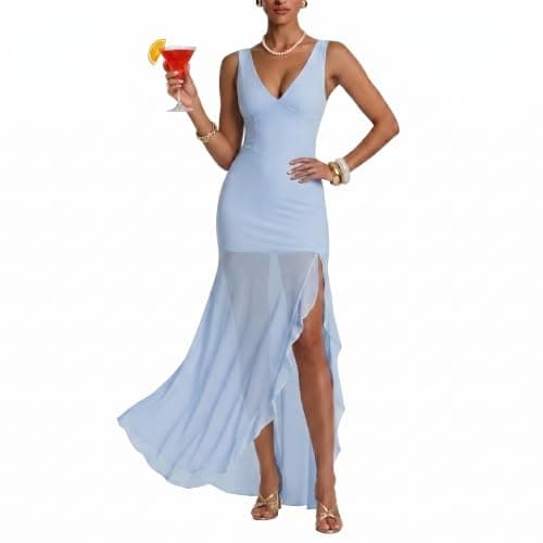 Curvphilo Mesh Long Sleeve Off Shoulder Bodycon Maxi Dress for Women Modal Elegant Cocktail Party Outfits Dress (V Neck, US, Alpha, Medium, Regular, Regular, V Blue)