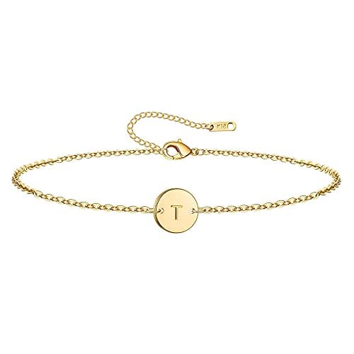 Ovian Initial Charm Bracelet for Women 18K Gold Plated stainless steel Coin Disc Engraved Letter T Bracelet Personalized Monogram Name Bracelet