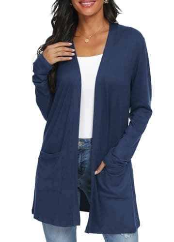 QIXING Womens Lightweight Long Cardigan with Pocketes,Navy Blue,S