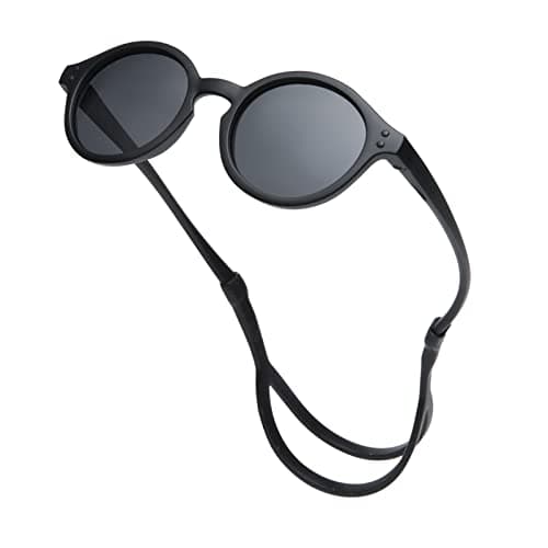 Pro Acme Cute Round Polarized Baby Sunglasses with TPEE Strap, Flexible Rubber Shades for Toddler Newborn Infant Ages 0-36 Months (Black Frame | Grey Lens)