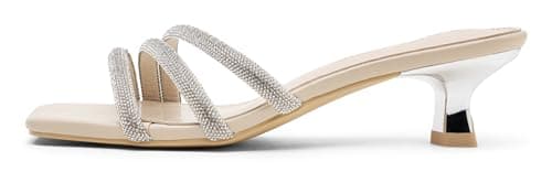Vepose Women's Low Kitten Heel Sandals Square Open Toe Nude Sandals,Comfortable Slip-On Strappy Design with Rhinestones Shoes,Size 7M US (CZR6100 Nude 07)